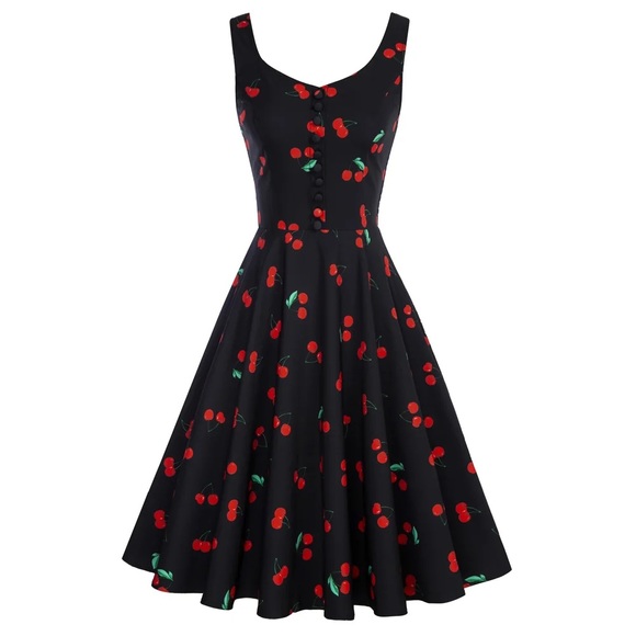 Belle Poque Black with Red Cherries 🍒 Retro Style Dress Size Medium - Picture 2 of 6